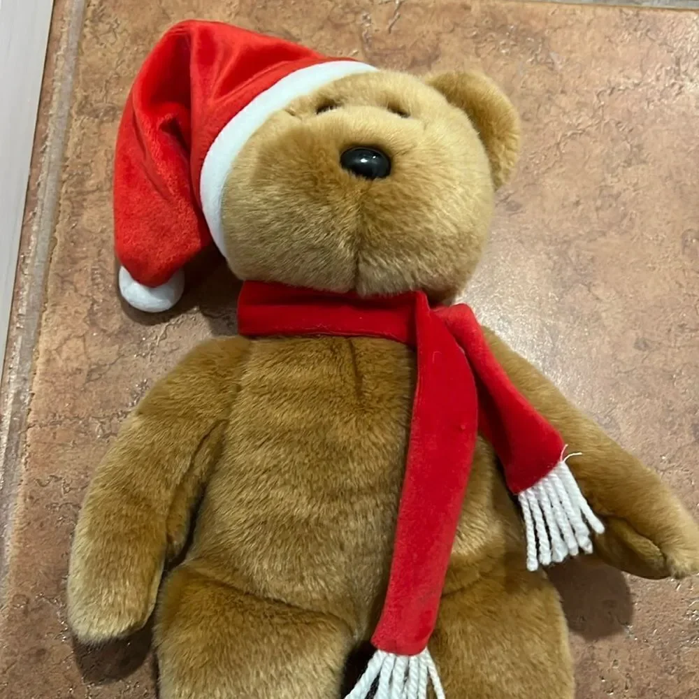 TY BEANIE BUDDY‎ 2001 Holiday Santa Hat & Scarf Teddy Bear Plush Bean Bag